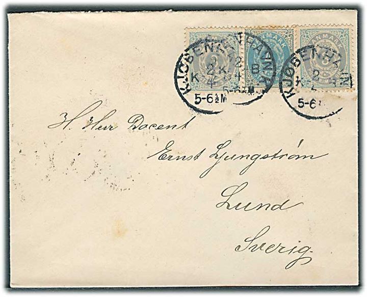 3 øre (2) og 4 øre Tofarvet på brev fra Kjøbenhavn d. 2.4.1894 til Lund, Sverige.