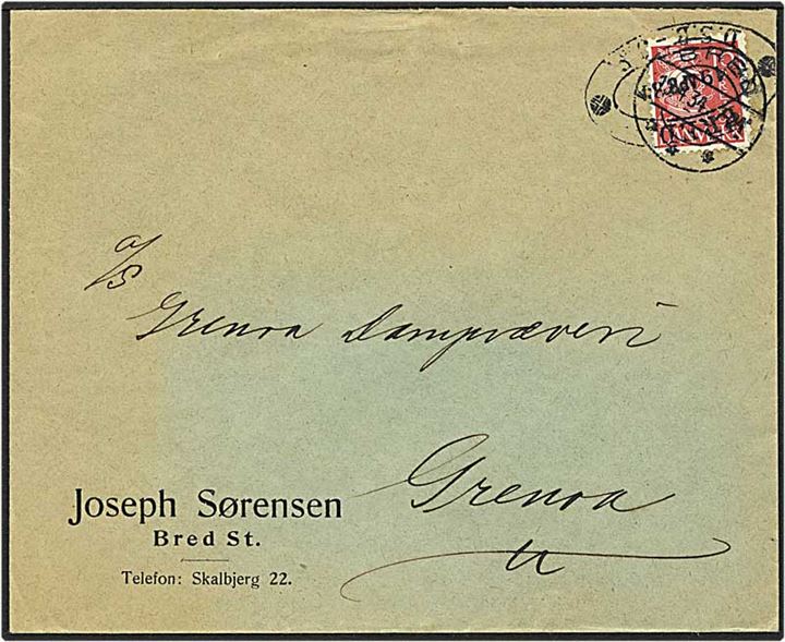 15 øre rød karavel på brev fra Bred d. 19.4.1934 til Grenaa. Bred / DSB - JF ovalstempel.