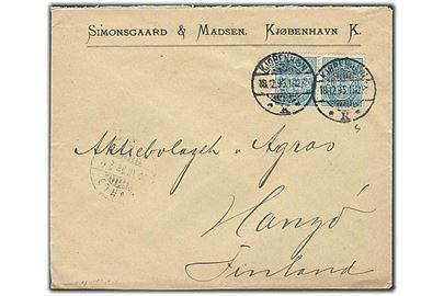 20 øre Våben i parstykke med matricefejl brud ydre cirkel om 20 på brev fra Kjøbenhavn d. 18.12.1895 til Hangö, Finland.