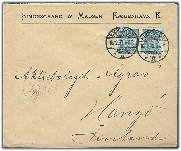 20 øre Våben i parstykke med matricefejl brud ydre cirkel om 20 på brev fra Kjøbenhavn d. 18.12.1895 til Hangö, Finland.