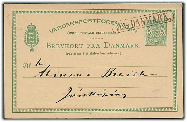 5 øre Våben helsagsbrevkort fra København annulleret med skibsstempel Från Danmark via bureau PKXP. No. 2 d. 18.11.1885 til Jönköping, Sverige.
