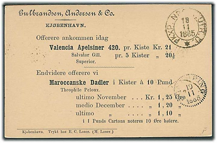 5 øre Våben helsagsbrevkort fra København annulleret med skibsstempel Från Danmark via bureau PKXP. No. 2 d. 18.11.1885 til Jönköping, Sverige.
