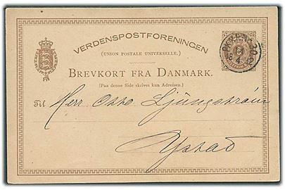 6 øre helsagsbrevkort fra København annulleret med svensk bureaustempel PKXP No. 30 d. 14.4.1882 til Ystad, Sverige.