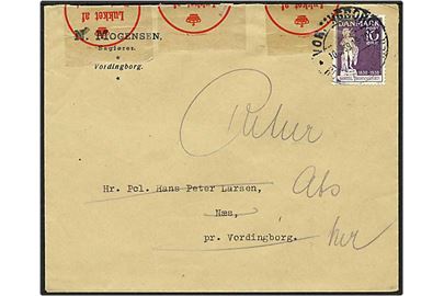 10 øre violet Thorvaldsen på lokalt brev fra Vordingborg d. 10.3.1939. Brevet åbnet og lukket af postvæsenet.