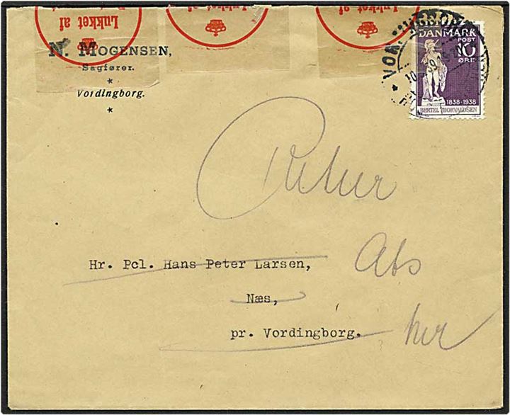 10 øre violet Thorvaldsen på lokalt brev fra Vordingborg d. 10.3.1939. Brevet åbnet og lukket af postvæsenet.