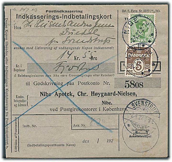 5 øre Bølgelinie og 25 øre Chr. X på retur Indkasserings-Indbetalingskort fra Nibe d. 2.4.1927 til Svenstrup.