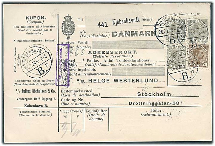 20 øre og 50 øre (3) Chr. X på internationalt adressekort for pakke fra København d. 26.2.1924 til Stockholm, Sverige.
