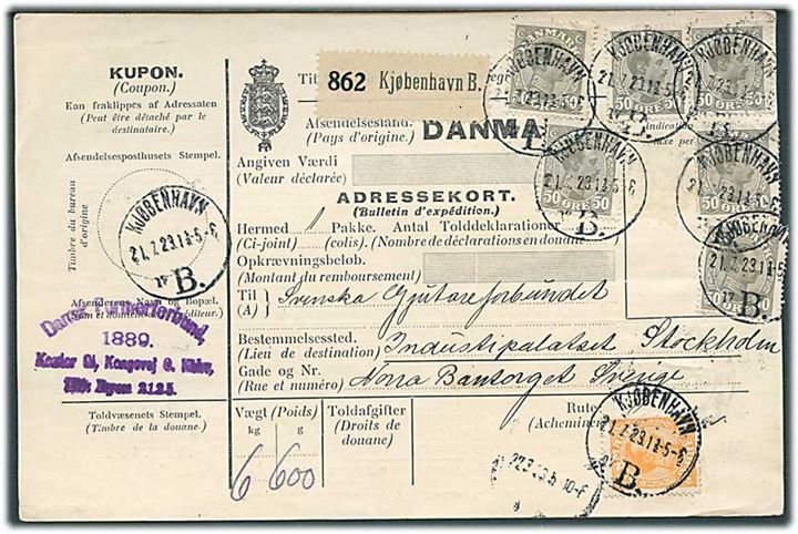 30 øre og 50 øre (6) Chr. X på internationalt adressekort for pakke fra Kjøbenhavn d. 21.7.1923 til Stockholm, Sverige.