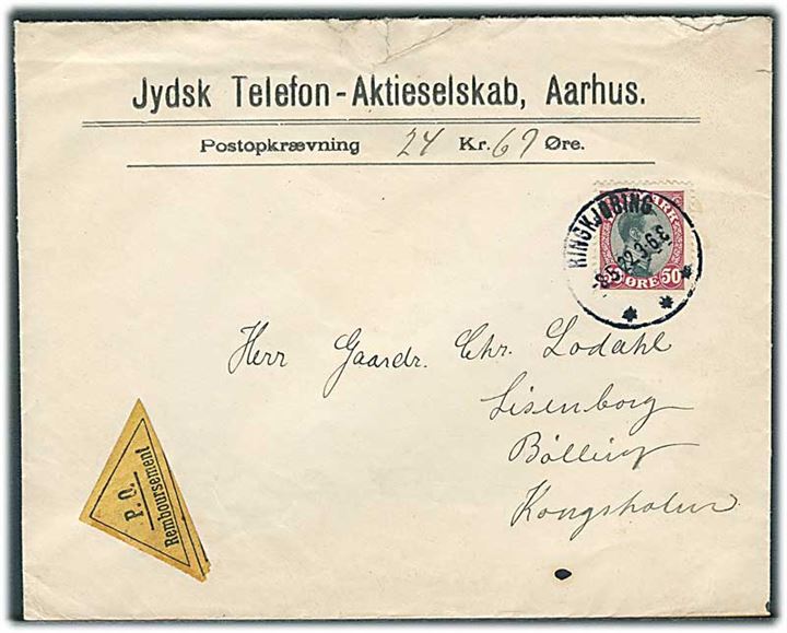 50 øre Chr. X single på brev med opkrævning fra Ringkjøbing d. 8.5.1922 til Bølling pr. Kongsholm.