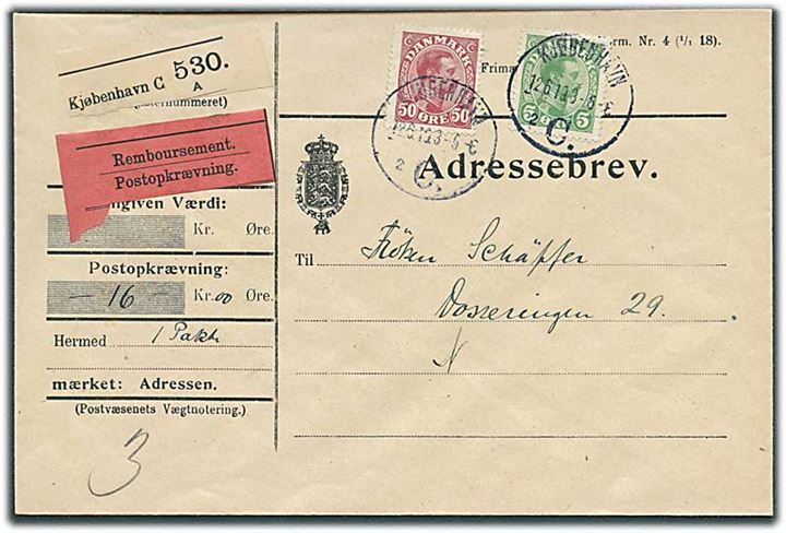 5 øre og 50 øre Chr. X på adressebrev for lokalpakke med opkrævning i Kjøbenhavn d. 12.6.1919.