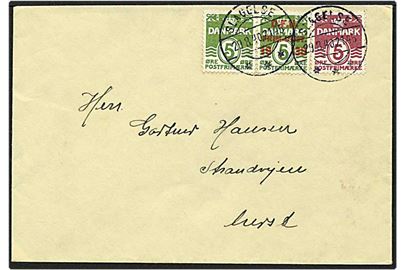 5 øre vinrød, 5 øre grøn + DFU parstykke bølgelinie på brev fra Slagelse d. 28.8.1940 til Rersø.