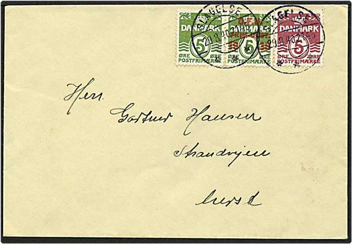 5 øre vinrød, 5 øre grøn + DFU parstykke bølgelinie på brev fra Slagelse d. 28.8.1940 til Rersø.