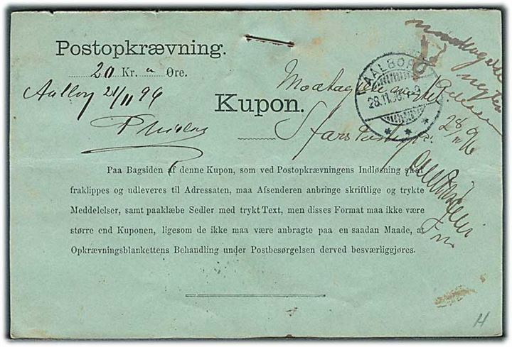 4 øre Tofarvet i 3-stribe på retur Postopkrævning fra Aalborg d. 24.11.1896 til Aars. Retur som modtagelse nægtet.