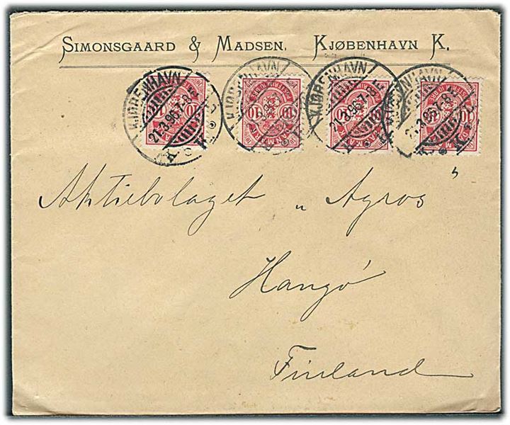 10 øre Våben (4) på brev fra Kjøbenhavn d. 21.3.1896 til Hangö, Finland.
