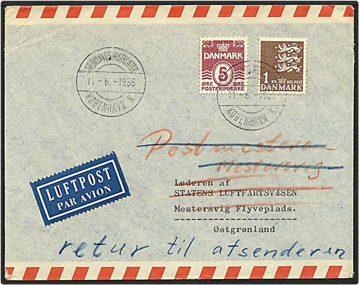 1,05 kr. porto på luftpostbrev fra København d. 11.6.1955 til Mesters vig. Brevet er returneret.