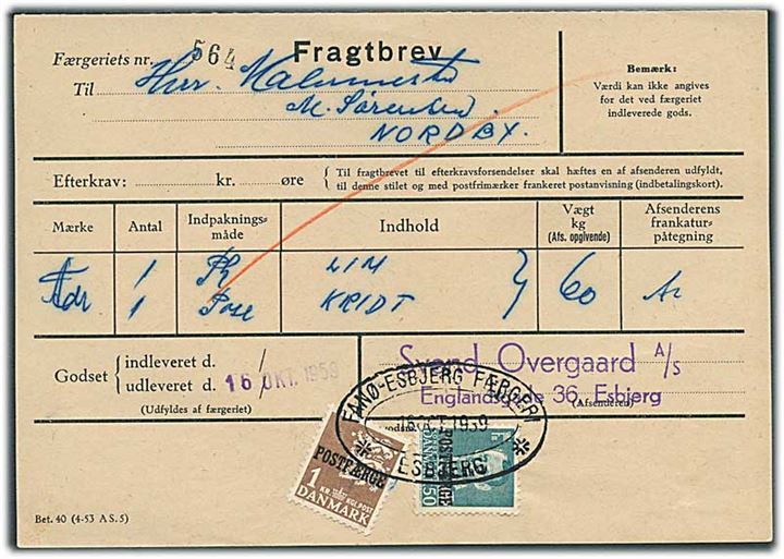50 øre Fr. IX og 1 kr. Rigsvåben Postfærgemærke på fragtbrev fra Esbjerg d. 16.10.1959 til Nordby, Fanø.