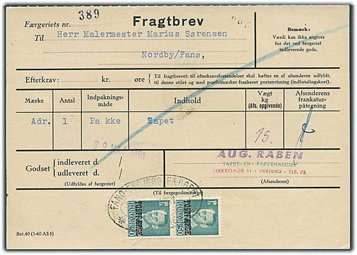 50 øre Fr. IX Postfærgemærke i parstykke på fragtbrev fra Esbjerg d. x.5.1961 til Nordby, Fanø.