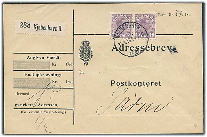 15 øre Chr. X i parstykke på adressebrev for pakke fra Kjøbenhavn d. 15.4.1919 til Tarm.