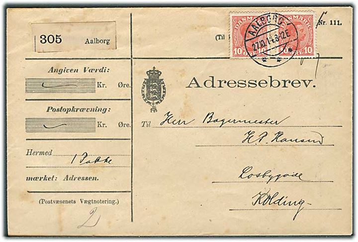 10 øre Chr. X i parstykke på adressebrev for pakke fra Aalborg d. 27.10.1914 til Kolding.