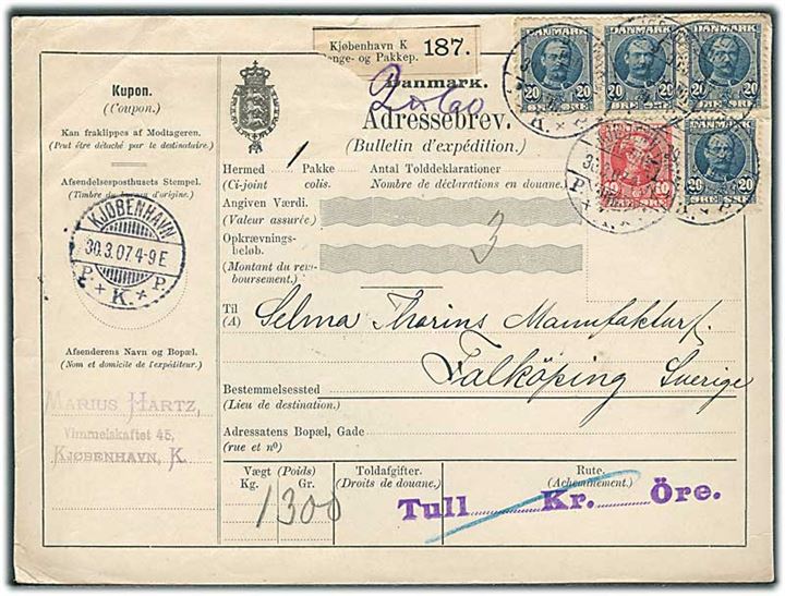 10 øre Chr. IX og 20 øre Fr. VIII (4) på internationalt adressekort for pakke fra Kjøbenhavn d. 30.3.1907 til Falköping, Sverige.