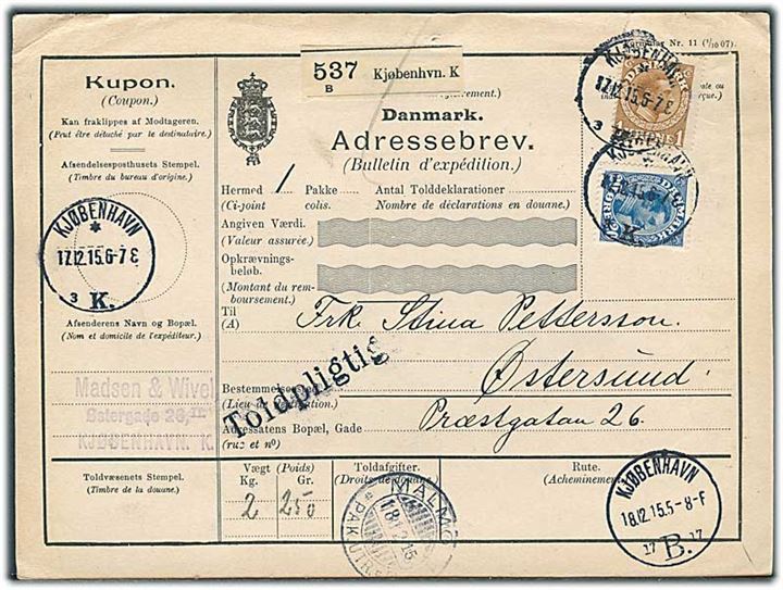 20 øre og 1 kr. Chr. X på internationalt adressekort for pakke fra Kjøbenhavn d. 17.12.1915 til Östersund, Sverige.