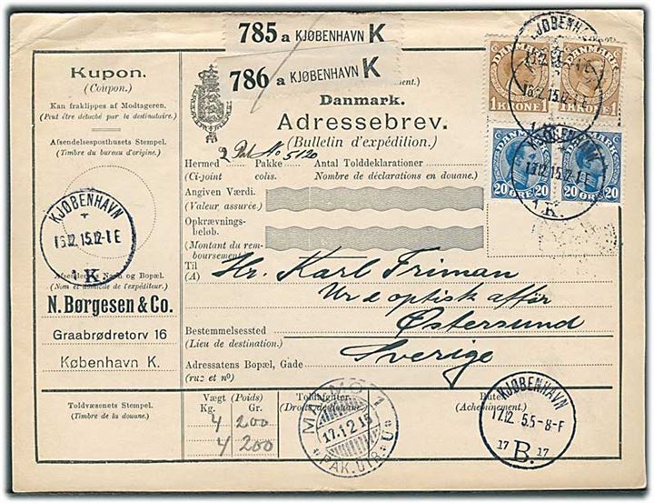 20 øre (par) og 1 kr. (par) Chr. X på internationalt adressekort for to pakker fra Kjøbenhavn d. 16.12.1915 til Östersund, Sverige.