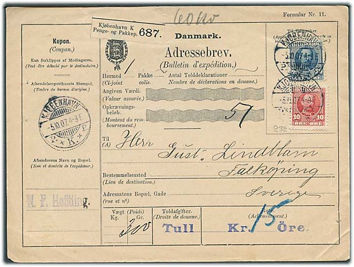 10 øre og 20 øre Fr. VIII på internationalt adressekort for pakke fra Kjøbenhavn d. 5.10.1907 til Falköping, Sverige.