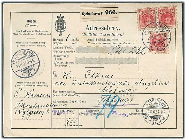 10 øre Fr. VIII (3) på internationalt adressekort fra Kjøbenhavn d. 15.11.1907 til Malmö, Sverige.