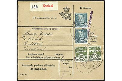 1,40 kr. porto på adressekort fra Grønlands / Departementet d. 28.4.1952 til Godthåb. Liniestempel Grønlands Postvæsen.