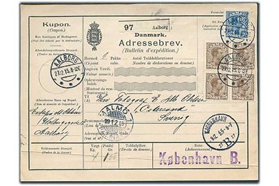 20 øre og 25 øre (fireblok) Chr. X på internationalt adressekort for pakke fra Aalborg d. 27.12.1915 via København til Östersund, Sverige.