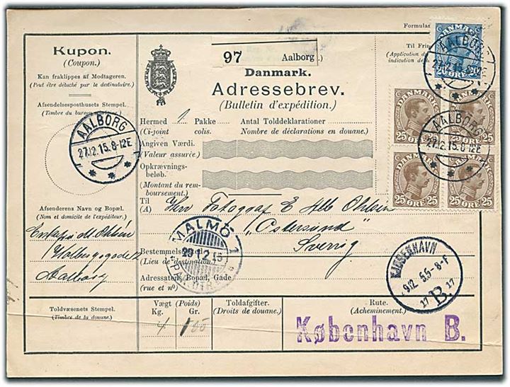 20 øre og 25 øre (fireblok) Chr. X på internationalt adressekort for pakke fra Aalborg d. 27.12.1915 via København til Östersund, Sverige.
