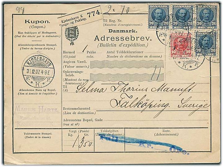 10 øre og 20 øre (4) Fr. VIII på internationalt adressekort for pakke fra Kjøbenhavn d. 31.12.1907 til Falköping, Sverige.