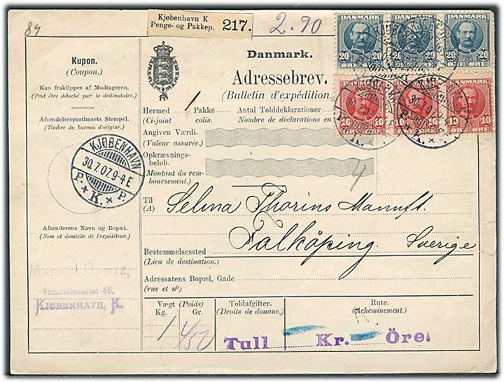 10 øre (3) og 20 øre (3) Fr. VIII på internationalt adressekort for pakke fra Kjøbenhavn d. 30.7.1907 til Falköping, Sverige.