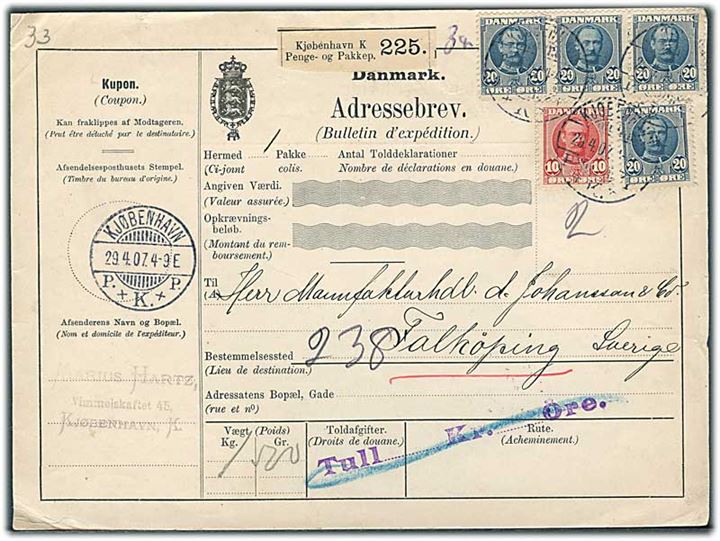 10 øre og 20 øre (4) Fr. VIII på internationalt adressekort for pakke fra Kjøbenhavn d. 29.4.1907 til Falköping, Sverige.