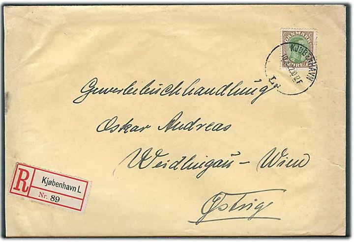 70 øre Chr. X single på anbefalet brev fra Kjøbenhavn d. 10.8.1922 til Wien, Østrig.