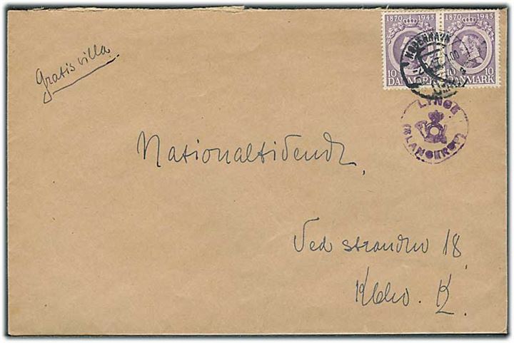 10 øre Chr. X 70 år i parstykke på brev stemplet København d. 2.9.1947 og sidestemplet med posthornstempel LYNGE (SLANGERUP) til København.