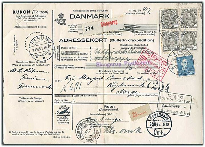 40 øre og 50 øre (4) Chr. X på internationalt adressekort for pakke fra Farum d. 21.10.1943 annulleret Slangerup d. 22.10.1943 til Röykenvik, Norge.