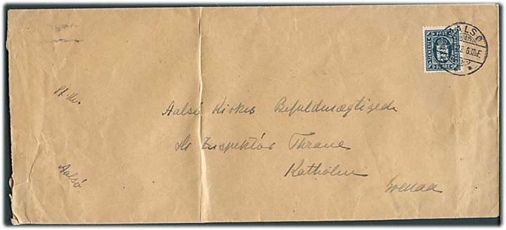 20 øre Tjenestemærke på aflangt brev fra Aalsø d. 31.8.1923 til Katholm pr. Grenaa.