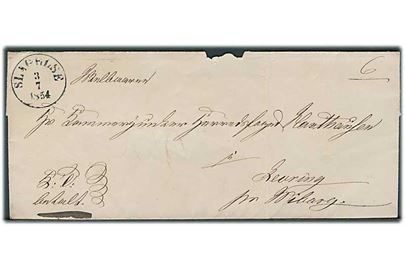 1854. Ufrankeret tjenestebrev mærket K.T. Betalt med antiqua Slagelse d. 3.7.1854 til Levring pr. Viborg. 