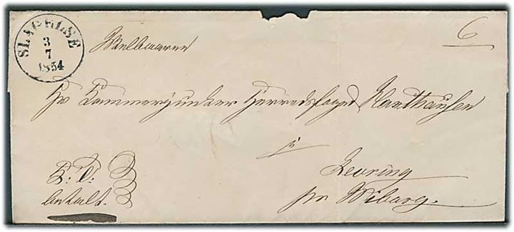 1854. Ufrankeret tjenestebrev mærket K.T. Betalt med antiqua Slagelse d. 3.7.1854 til Levring pr. Viborg. 