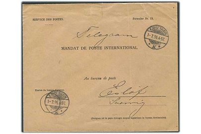 Ufrankeret fortrykt Mandat de Poste International kuvert Formular Nr. 19 fra Kjøbenhavn d. 1.7.1896 til Eslöf, Sverige.