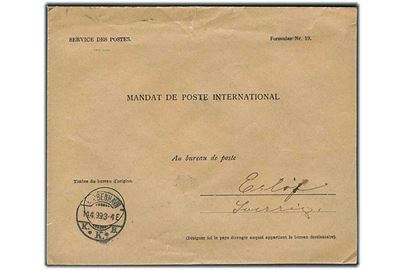 Ufrankeret fortrykt Mandat de Poste International kuvert Formular Nr. 19 fra Kjøbenhavn d. 1.7.1896 til Eslöf, Sverige. På bagsiden oblat: Kiøbenhavns Overpostmesterembede / Brevpostkontoret.