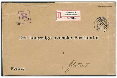 Ufrankeret fortrykt postsags kuvert OPm. Form. No. 50 p. sendt anbefalet fra Kjøbenhavn K. d. 2.4.1912 til det kongelige svenske Postkontor i Ystad.