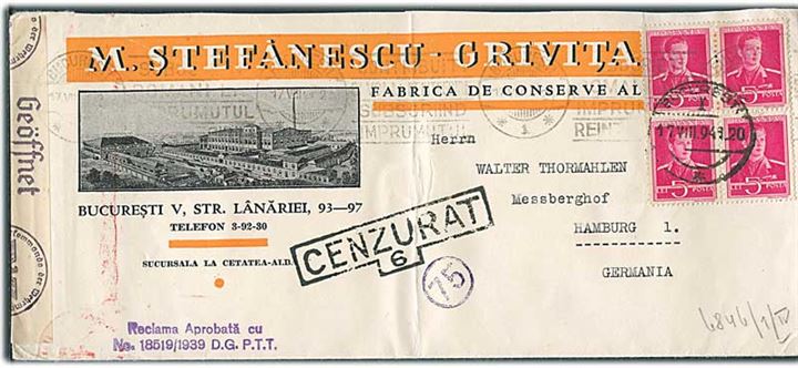 5 lei i fireblok på illustreret firmakuvert fra Bucuresti d. 17.8.1941 til Hamburg, Tyskland. Både rumænsk og tysk censur.