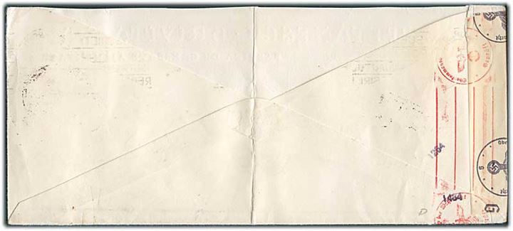 5 lei i fireblok på illustreret firmakuvert fra Bucuresti d. 17.8.1941 til Hamburg, Tyskland. Både rumænsk og tysk censur.