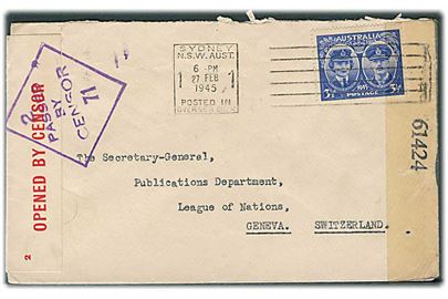 3½d single på brev fra Sydney d. 27.2.1945 til Folkeforbundet (League of Nations) i Geneve, Schweiz. Åbnet af australsk og amerikansk censur.
