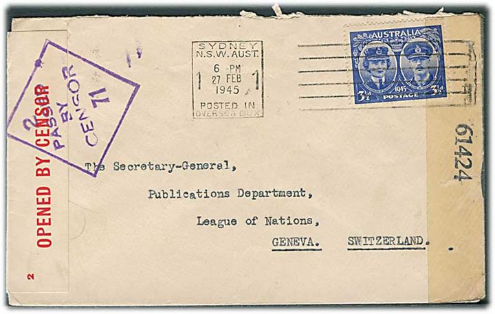3½d single på brev fra Sydney d. 27.2.1945 til Folkeforbundet (League of Nations) i Geneve, Schweiz. Åbnet af australsk og amerikansk censur.
