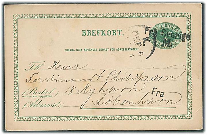 5 öre helsagsbrevkort fra annulleret med skibsstempel Fra Sverige M. og sidestemplet K.OMB.6 i 1888 til København, Danmark.