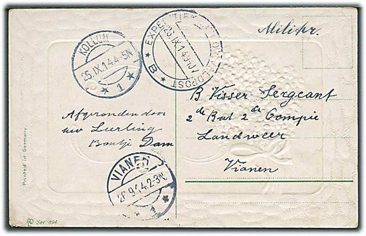 Ufrankeret feltpostbrevkort fra Kollum d. 25.9.1914 til militæradresse i Vianen med ank.stempel Expeditio... Veldpost *B* d. 26.9.1914.