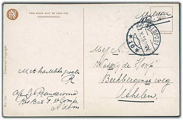 Ufrankeret feltpostkort stemplet Veldpost *10* d. 17.10.1916 til Ushelen.